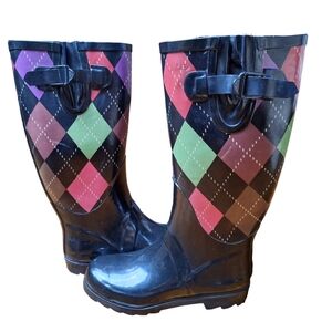 Henry Ferrera Womens Tall Black Argyle Rubber Buckle Round Toe Rain Boots Size 7